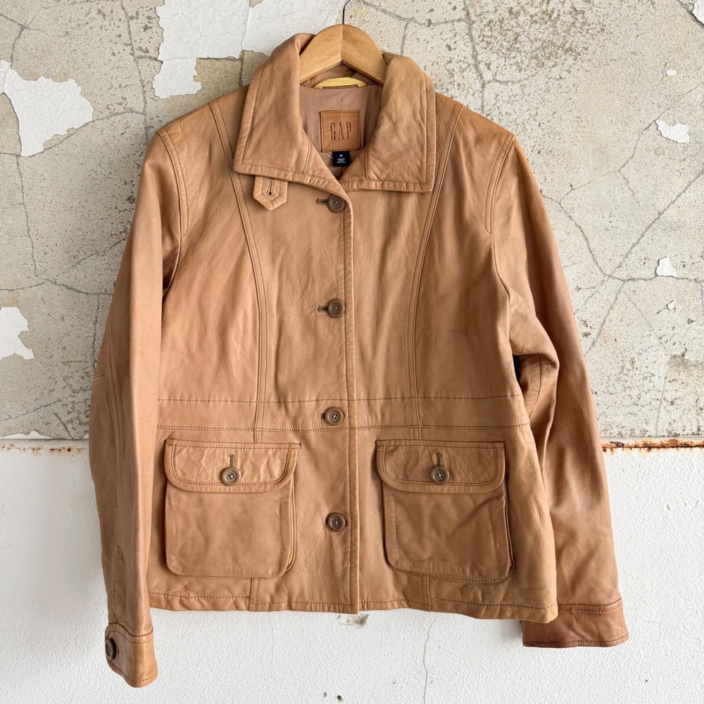Y2K Gap Leather Jacket Camel Cargo Utility Barn Coat Womens‎ M Vintage